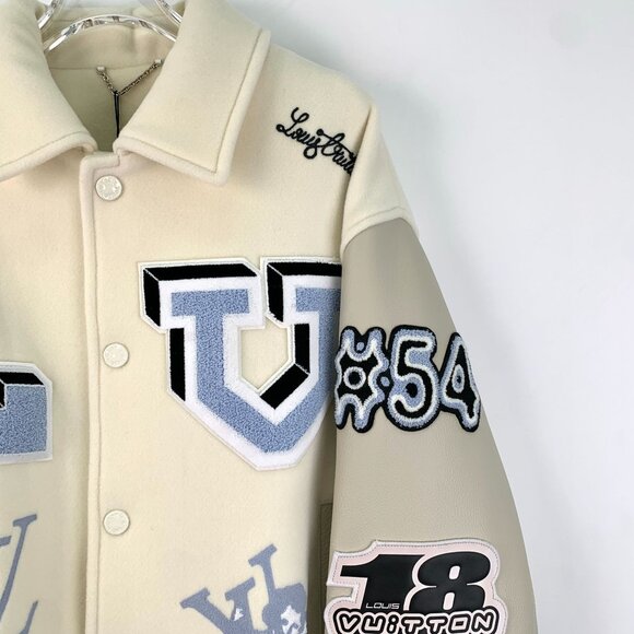 Louis Vuitton Beige Leather Baseball Jacket Logo Decorated Lapel Single-Breasted - Picture 7 of 8